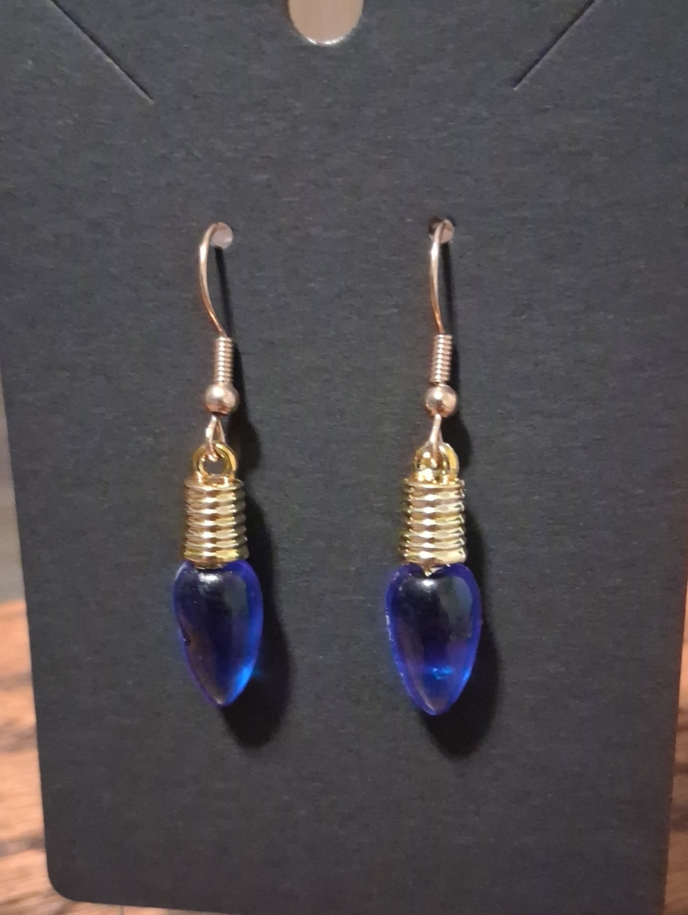 Cobalt Glass Heart Drop Earrings with Gold Wire Wrap